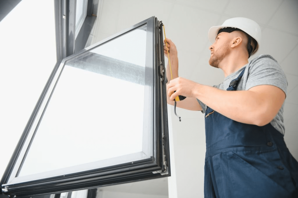 Man measuring window frame.