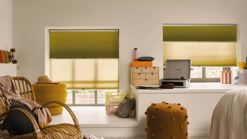 Children's bed room featuring vibrant green blinds, installed by Complete Blinds.