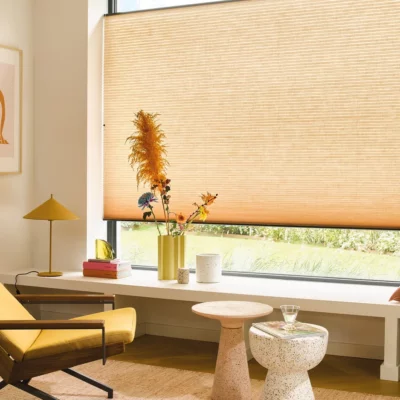 Luxaflex Orange Duette Shades In A Modern And Contemporary Living Room.