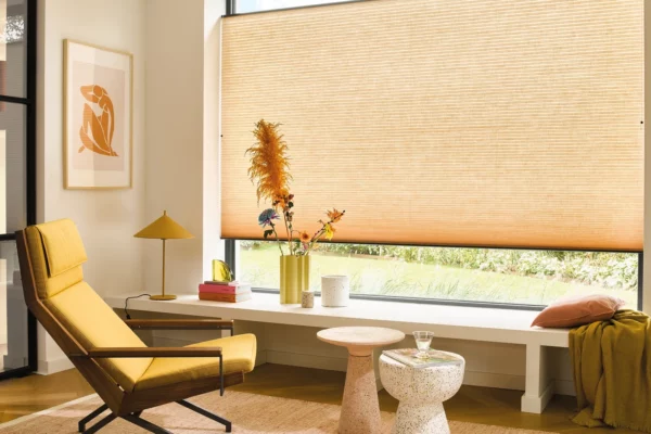 Luxaflex Orange Duette Shades In A Modern And Contemporary Living Room.
