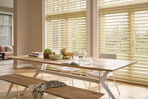 Warm, Modern, And Wooden Living Room Featuring Yellow Venetian Blinds By Luxaflex, Available At Complete Blinds Showroom.