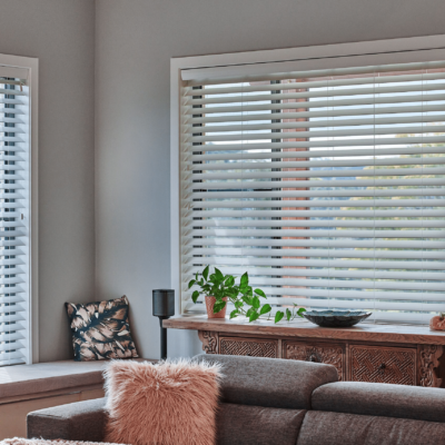 Smart Privacy Blinds With Cord Installed In A Modern And Simple Living Room.