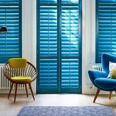 Blue Plantation Shutters In A Modern And Contemporary Space.
