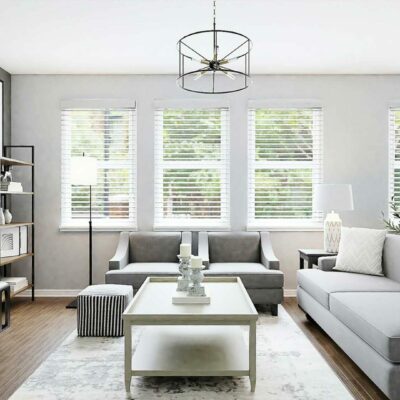 Modern And Aesthetic Living Room Space Featuring Window Furnishings For Double-hung Windows: Plantation Shutters.
