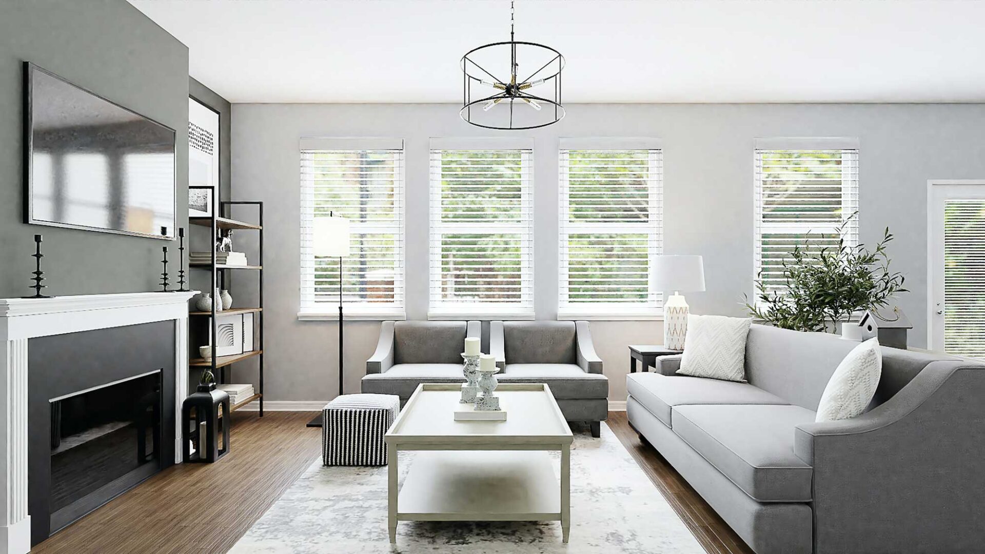 Modern and aesthetic living room space featuring window furnishings for double-hung windows: Plantation Shutters.