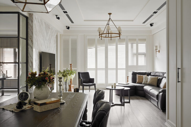 Modern Contemporary Living Space With Dark Brown Accents And Classical Design, Featuring Norman Shutters. Made In Australia.