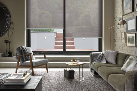 Light And Simple Sheer Grey Roller Blinds For Designer Living Room. Designed For Light, Heat And Privacy Control. Available In Various Mechanisms. For Sale In Our Sydney Showroom.