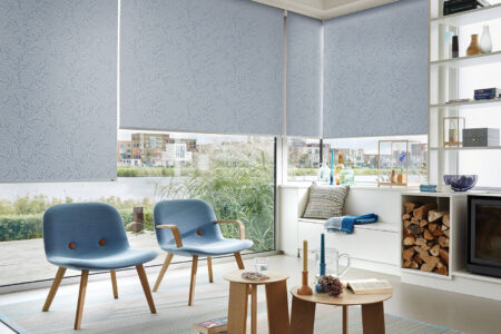 Blue And Floral Roller Blinds For Light And Privacy Control In Study Room. For Sale At Complete Blinds Sydney.