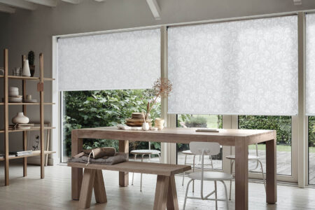 Translucent Blinds In Earth Tone Design Style Kitchen And Dinning Space. Floral Pattern Fabric With Strain-repelling Coating. For Sale In Our Sydney Showroom.