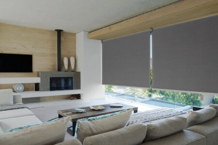 Sleek Sunscreen Blinds For Modern Living Room. Available In Various Textiles And Fabrics. On Display In Our Sydney Showroom.