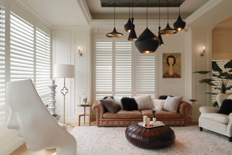 Contemporary Eclectic Design Style Living Room, Featuring Luxaflex Shutters, Ideal For Wet Areas Such As Bathrooms, Kitchens, And Laundries. Made In Australia.