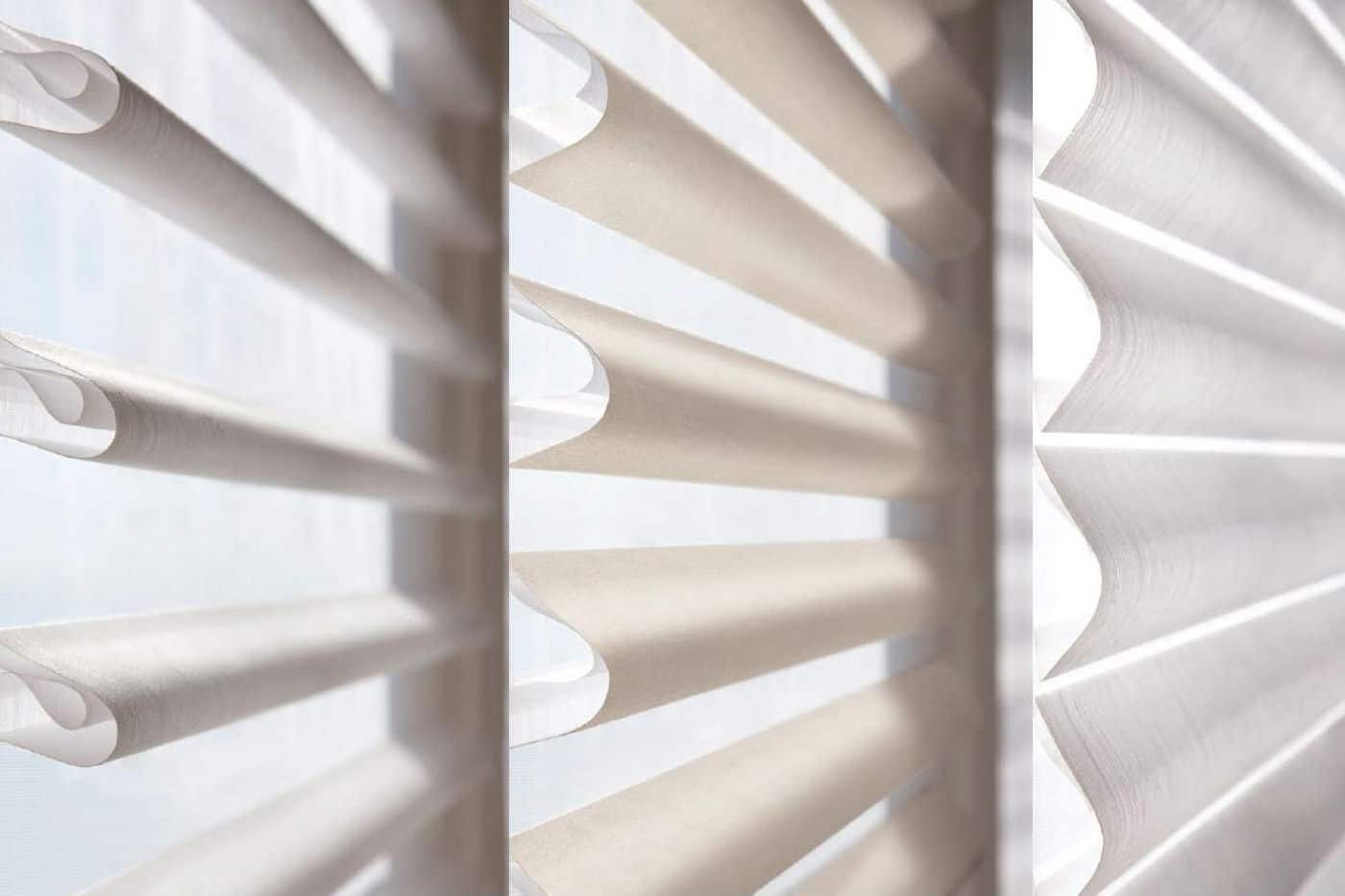Pirouette Shades featuring softly curved, horizontal fabric vanes with a sheer fabric backing, allowing natural light to softly shine through. Made by Luxaflex. For sale in our Sydney showroom.