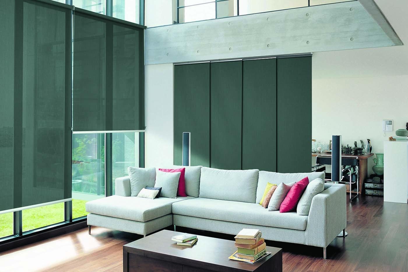 Modern contemporary living space featuring Luxaflex Panel Glide Blinds as room dividers. Available for sale in our Sydney showroom.