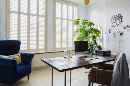 Simple Home Office Space Installed With Norman Brightwood Shutters, Creating A Brightly Lit Atmosphere.
