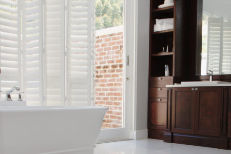 Norman Woodlore Plus Shutters Installed In A Modern And Simple Bathroom.
