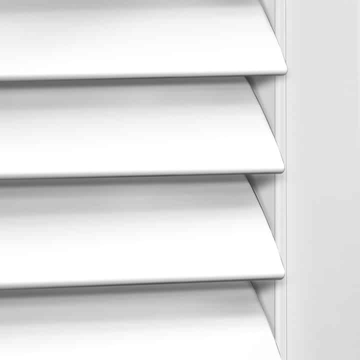 Close-up image of Pure White Woodlore Shutters by Norman. Available at Complete Blinds Sydney.