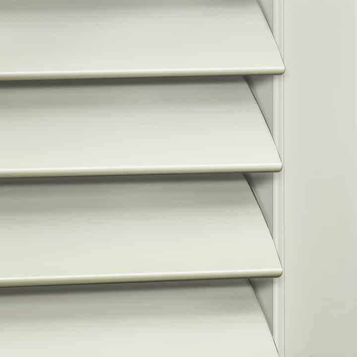 Close-up image of Winchester White Woodlore Shutters by Norman. Available at Complete Blinds Sydney.