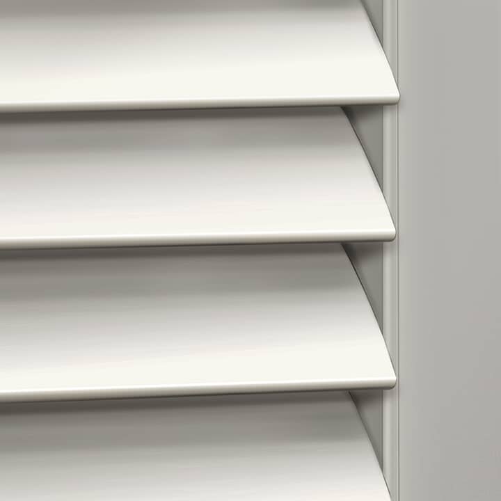 Close-up image of Aura White Woodlore Shutters by Norman. Available at Complete Blinds Sydney.