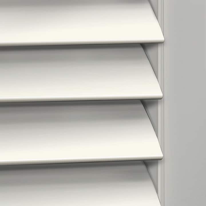 Close-up image of Simply White Woodlore Shutters by Norman. Available at Complete Blinds Sydney.
