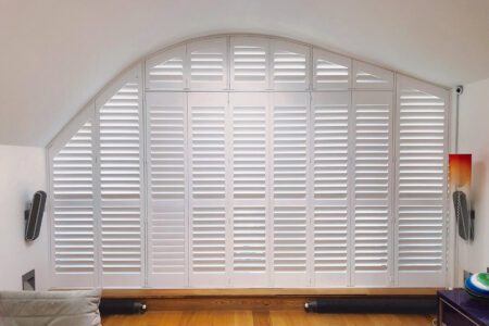 Curved Shape Woodlore Plus Brightwood Shutters. Available At Complete Blinds Sydney.