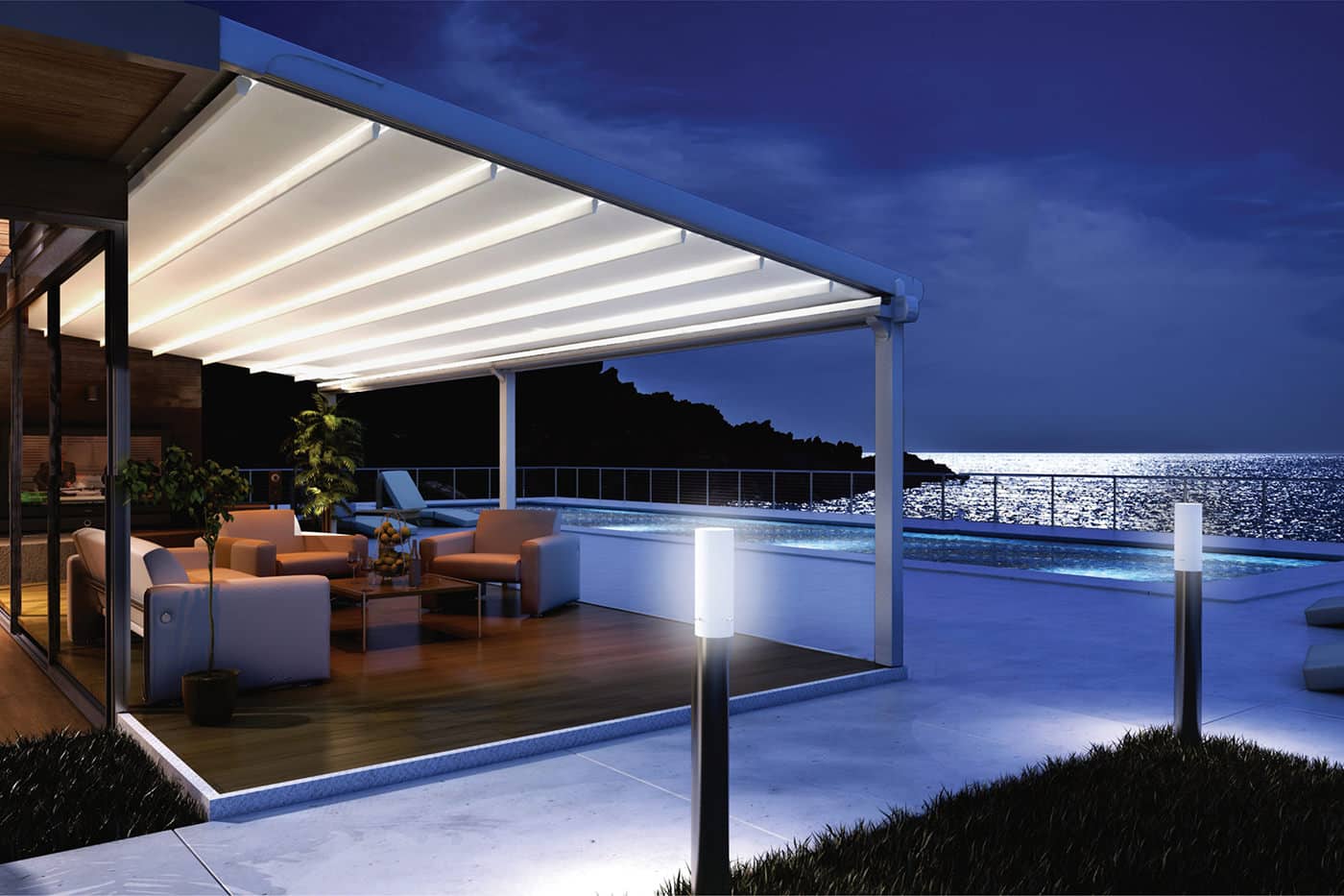 Night view, lighted up. modern and elegant commercial area featuring Palmiye Retractable Pergolas. Available at Complete Blinds Australia.